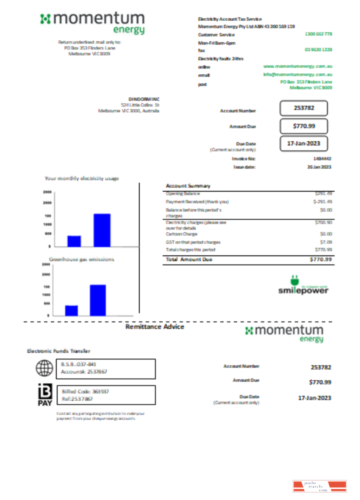 Momentum Energy utility business bill,  SCR PSD template